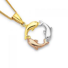 9ct-Gold-Tri-Tone-Triple-Dolphin-Pendant on sale