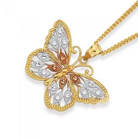 9ct-Tri-Tone-Gold-Filigree-Butterfly-Pendant on sale