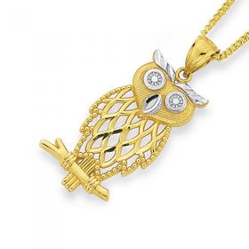 9ct-Gold-Two-Tone-Large-Owl-Pendant on sale