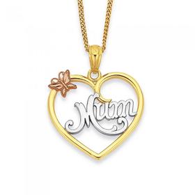 9ct-Gold-Tri-Tone-Mum-Butterfly-Open-Heart-Pendant on sale