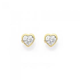 9ct+Gold+Cubic+Zirconia+Heart+Stud+Earrings