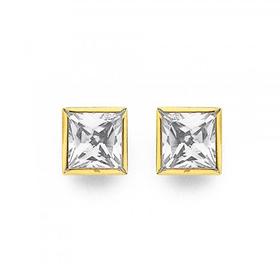 9ct+Gold%2C+Cubic+Zirconia+Square+Stud+Earrings