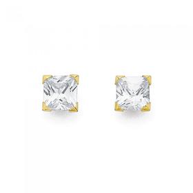 9ct+Gold+5mm+Cubic+Zirconia+Square+Studs