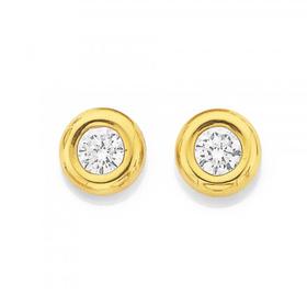 9ct+Gold+Cubic+Zirconia+5mm+Round+Bezel+Doughnut+Stud+Earrings