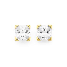 9ct-Gold-Cubic-Zirconia-7mm-Princess-Cut-Stud-Earrings on sale