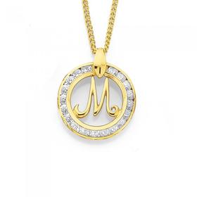 9ct+Gold+Cubic+Zirconia+Script+Initial+M+Pendant