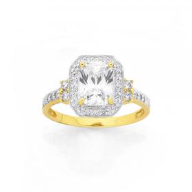 9ct-Gold-Cubic-Zirconia-Emerald-Cut-Shoulder-Ring on sale