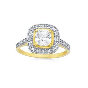 9ct-Gold-Cubic-Zirconia-Cushion-Cut-Framed-Ring on sale