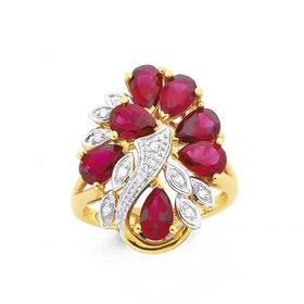 9ct+Gold+Created+Ruby+%26amp%3B+Diamond+Cluster+Ring