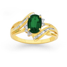 9ct+Gold+Created+Emerald+%26amp%3B+Diamond+Oval+Ring
