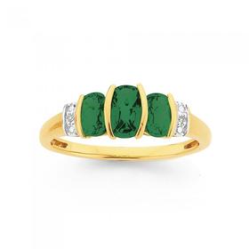 9ct+Gold%2C+Created+Emerald+%26+Diamond+Cushion+Trilogy+Ring