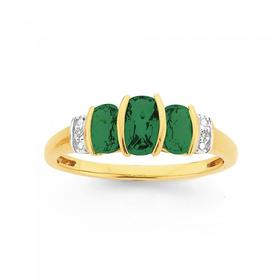 9ct-Gold-Created-Emerald-Diamond-Cushion-Trilogy-Ring on sale