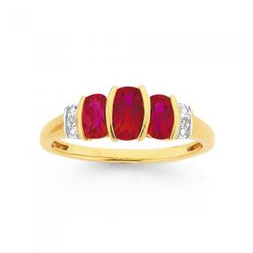 9ct+Gold+Created+Ruby+%26amp%3B+Diamond+Cushion+Trilogy+Ring