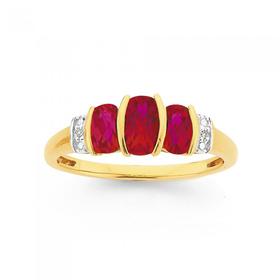 9ct-Gold-Created-Ruby-Diamond-Cushion-Trilogy-Ring on sale