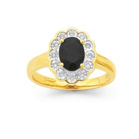 9ct-Gold-Black-Sapphire-Oval-Flower-Frame-Ring on sale