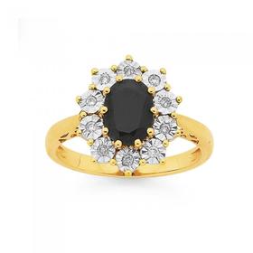 9ct-Gold-Black-Sapphire-10ct-Diamond-Oval-Royal-Ring on sale