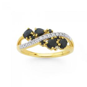 9ct-Gold-Black-Sapphire-Diamond-Crossover-Swirl-Ring on sale