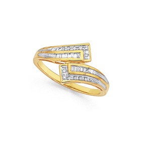 9ct+Gold+Diamond+Round+Brilliant+and+Baguette+Cut+Swirl+Ring