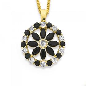 9ct-Gold-Black-Sapphire-10ct-Diamond-Wreath-Enhancer-Pendant on sale