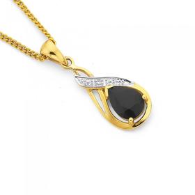 9ct-Gold-Black-Sapphire-Diamond-Drop-Pendant on sale