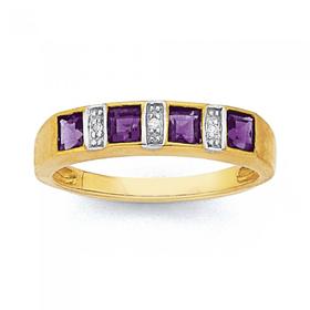 9ct+Gold+Amethyst+%26amp%3B+Diamond+Princess+Cut+Band