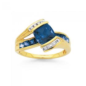 9ct+Gold+Created+Blue+Sapphire+%26amp%3B+Diamond+Ring