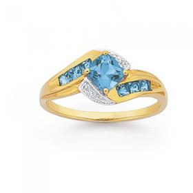 9ct-Gold-Blue-Topaz-Diamond-Cushion-Princess-Cut-Ring on sale