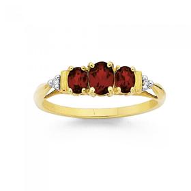 9ct-Gold-Garnet-Diamond-Oval-Cut-Trilogy-Ring on sale