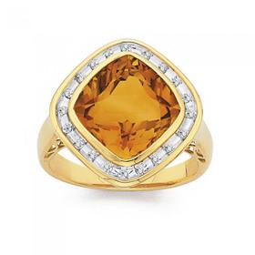 9ct-Gold-Citrine-Diamond-Large-Cushion-Bezel-Ring on sale