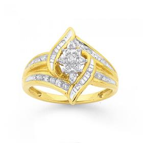 9ct-Gold-Diamond-Round-Brilliant-Baguette-Cut-Cluster-Ring on sale