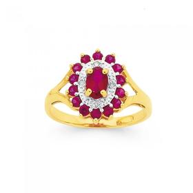 9ct-Gold-Created-Ruby-Diamond-Oval-Cut-Cluster-Ring on sale