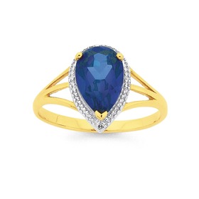 9ct+Gold+Created+Sapphire+%26amp%3B+Diamond+Ring