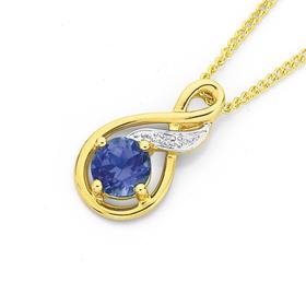 9ct+Gold%2C+Created+Ceylon+Sapphire+%26+Diamond+Pendant