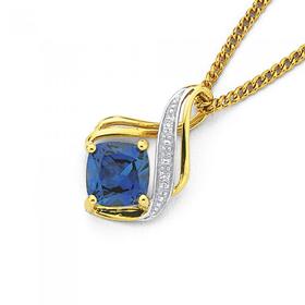 9ct+Gold+Created+Ceylon+Sapphire+%26amp%3B+Diamond+Swirl+Pendant