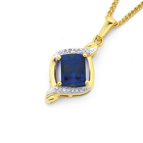 9ct+Gold+Created+Sapphire+%26amp%3B+Diamond+Swirl+Pendant