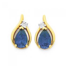 9ct-Gold-Created-Sapphire-Diamond-Pear-Loop-Earrings on sale