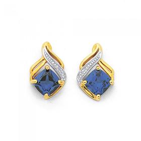 9ct+Gold+Created+Ceylon+Sapphire+%26amp%3B+Diamond+Swirl+Earrings