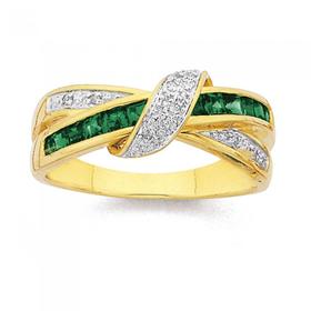 9ct-Gold-Created-Emerald-Diamond-Princess-Cut-Ring on sale