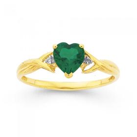 9ct+Gold+Created+Emerald+%26amp%3B+Diamond+Heart+Ring