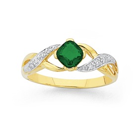 9ct+Gold+Created+Emerald+%26amp%3B+Diamond+Ring