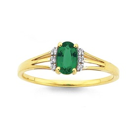 9ct+Gold%2C+Created+Emerald+%26amp%3B+Diamond+Oval+Ring