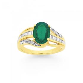 9ct+Gold+Created+Emerald+%26amp%3B+Diamond+Ring