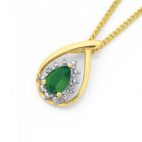 9ct-Gold-Created-Emerald-Diamond-Pear-Cut-Pendant on sale