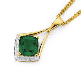 9ct-Gold-Created-Emerald-Diamond-Drop-Pendant on sale