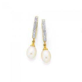 9ct+Gold%2C+Pearl+%26+Diamond+Huggie+Earrings