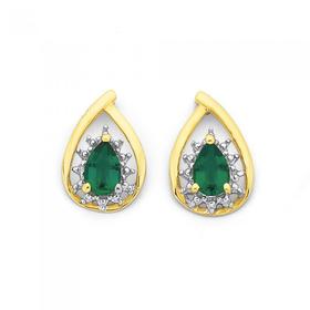 9ct-Gold-Created-Emerald-Diamond-Pear-Cut-Earrings on sale