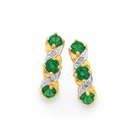 9ct+Gold%2C+Created+Emerald+%26+Diamond+Hoop+Earrings