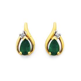 9ct-Gold-Created-Emerald-Diamond-Stud-Earrings on sale