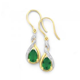 9ct+Gold%2C+Created+Emerald+%26+Diamond+Drop+Earrings