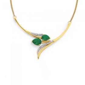 9ct-Gold-Created-Emerald-Diamond-Tulip-Necklet on sale